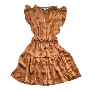 NWT Steve Madden Prairie Dreams Mini‎ Dress Apricot Satin Ruffle Smocked Small S thumbnail 3
