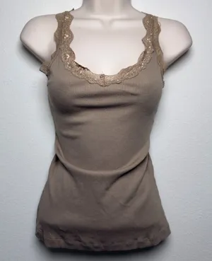 NEW Splash Women 100% Cotton Goblincore Cami Lace Top L Brown Ribbed Fairy‎ thumbnail 1