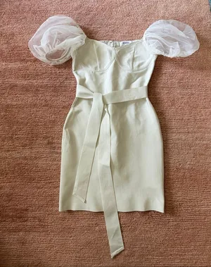 Missguided Ivory Corset Mini Dress Size S Organza Puff Sleeve Belted thumbnail 2