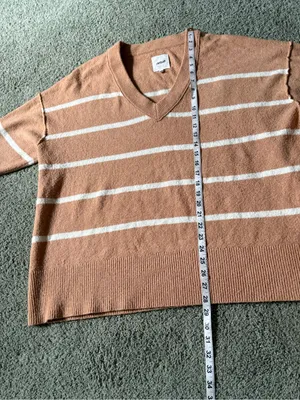 Aerie Women Tan Striped Oversized V-Neck Sweater Size L Cozy Slouchy Knit Soft thumbnail 3