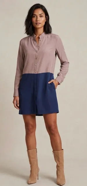 AMANDA UPRICHARD Colorblock Shirt Dress Long Sleeve in Tan/Navy Size S *Flawed thumbnail 1