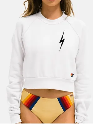 Aviator Nation White Cropped Sweatshirt Small Lightning Bolt Raglan Pullover USA thumbnail 11