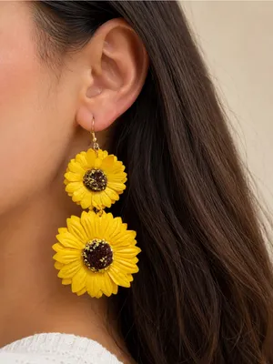 Handmade Sunflower Dangle Earrings Statement Floral Earrings Boho Jewelry thumbnail 1