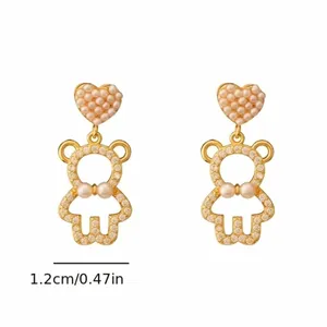 Rhinestone And Faux Pearl Decor Gold Plated Bear Drop Earrings Faux Fashion Jewe thumbnail 4