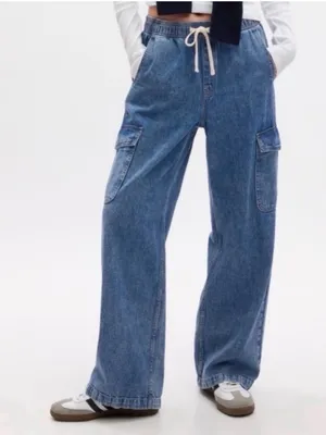 Gap Pull On Wide Leg Cargo Denim Jeans Cotton Tie Waist Medium Wash Blue Medium thumbnail 1
