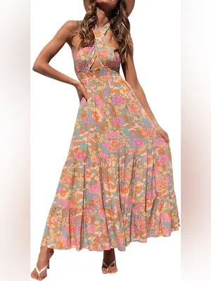 ZESICA Boho Retro Floral Halter Maxi Dress Pink Orange Tiered Sun Dress Large thumbnail 3