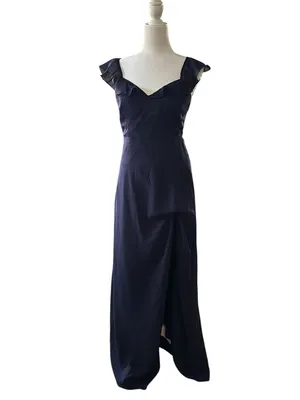 Lulu's Sweetest Entrance Deep Navy BlueRuffled Shoulder Tie-back Maxi Dress thumbnail 3