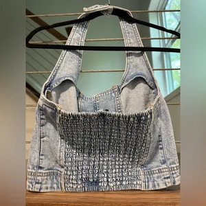 American Eagle Light Wash Denim Button-Front Halter Top medium thumbnail 3
