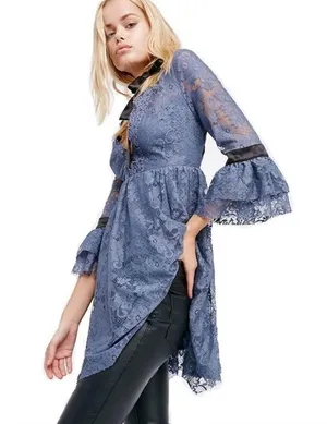 NWT Free People Gilded Lace Victorian Dusty Blue Bow Tunic Mini Dress Small thumbnail 1