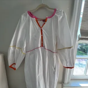 NWT STAUD White Mini Dress Pink Orange Trim Long Puff Sleeves Size Large thumbnail 3
