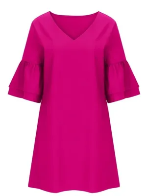 Hot pink mini dress dramatic ruffle long sleeve v-neck party wedding guest L thumbnail 1
