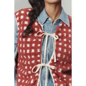 Anthropologie Red Checkered Fleece Tie Front Vest One Size OS JK THINGS VEST thumbnail 4