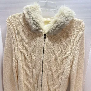 Vtg Old Navy Cable Knit Sweater Zip Up Faux Fur Collar Cream Beige Y2K XL thumbnail 2
