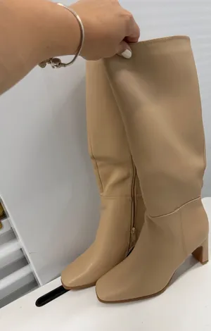 Nude Beige Faux Leather Square Toe Knee High Block Heel Boots Size 40 thumbnail 1