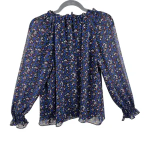 Sam‎ Edelman Tie Neck Woven Lined Blue Floral Ruffled Long Sleeve Blouse Size M thumbnail 2