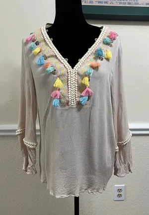 Soft Surroundings Women's Clementine Tunic Top Beige Fringe Boho Size M thumbnail 1
