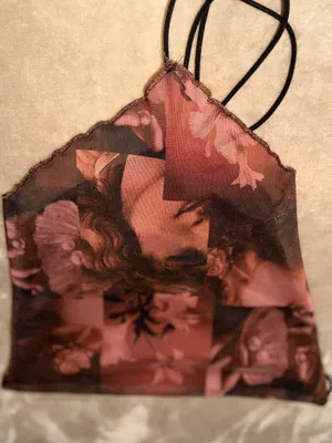SHEIN Brown Art Print Asymmetric Cowl Crop Top thumbnail 2