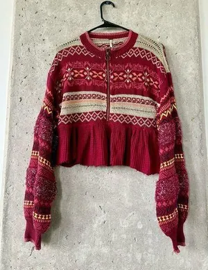 Free People Maroon Fair Isle Zip-Up Cropped Sweater - Size S thumbnail 1