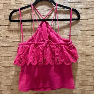Anthropologie Ruffled Embroidered Halter Tie Back Tank in Medium Pink thumbnail 4