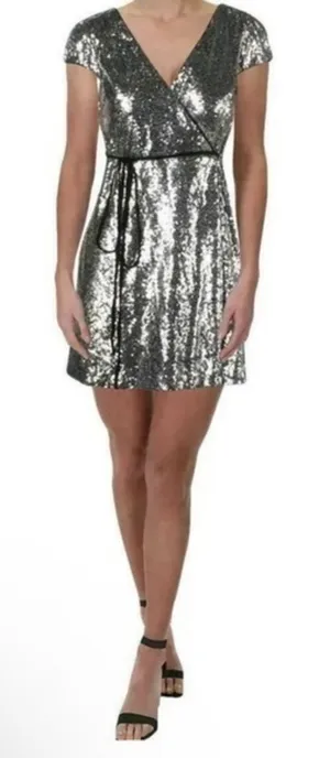 Aqua Silver Sequin Wrap Dress Sz Small thumbnail 1