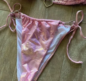 Iridescent holo snakeskin baby pink heart cut out bikini top bottom M NEW thumbnail 2
