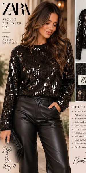 ZARA Sequin Pullover Top Black Cropped Long Sleeve Crew Neck Sweater Small thumbnail 1