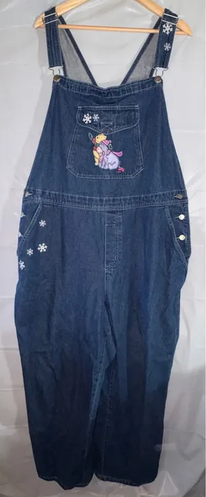 Vintage Disney Winnie the Pooh Eeyore Denim Overalls Blue Snowflake Embroidered thumbnail 1