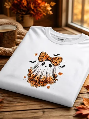 Gildan White Halloween Ghost Bow Tie 100% Cotton T-Shirt Size XL-POD thumbnail 2