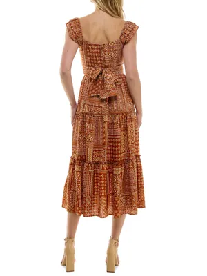 NWT Trixxi Rust Orange Tiered Patchwork-Print Ruffled-Strap Midi Dress Sz Large thumbnail 3
