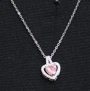 NEW Necklace with Crystal on Steel Chain Silver Gray / Pink 15.5" + 2" thumbnail 1