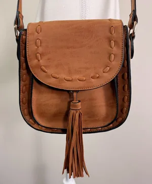 Mellow World Brown Vegan Leather Whipstitch Tassel Crossbody Saddle Bag thumbnail 1