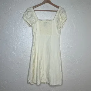 Forever 21 Yellow Linen‎ Blend Puff Sleeve Button Front Mini Dress Small thumbnail 2
