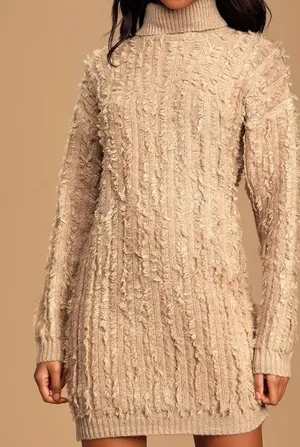Lulus Snuggle Up To You Beige Turtleneck Knit Sweater Dress thumbnail 1