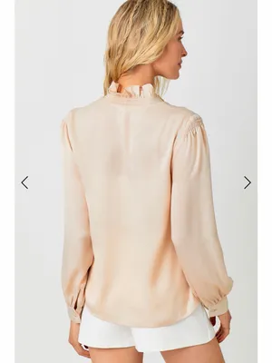 Mystree Ivory Satin Ruffle Neck Blouse Balloon Sleeve Button Down Sz S NWT thumbnail 7