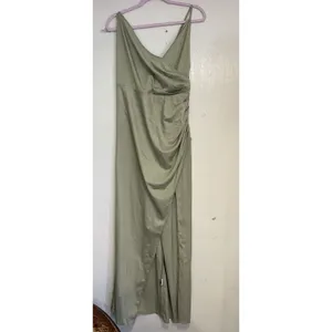 SHEIN BAE Curve Maxi Slip Dress 1XL Plus Green Satin Cowl Neck Ruched Slit thumbnail 4