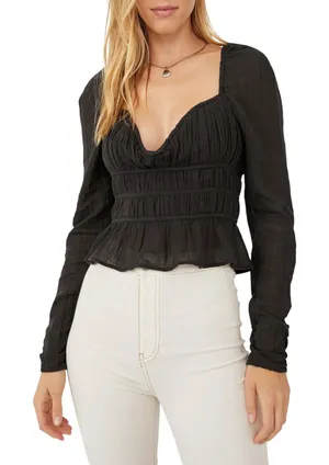 Free People Medium Top Chloe Long Sleeve‎ Smocked Black Regency Romantic 1296 thumbnail 1