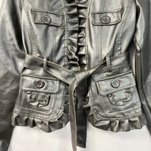 Wet Seal Womens Faux Leather Jacket XL Brown Ruffle Belted Y2K 2000s McBling thumbnail 4