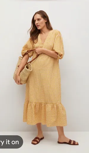 MNG‎ Womens Cotton Blend Check Print V-Neck Long Sleeve Maxi Dress Yellow Size 2 thumbnail 1