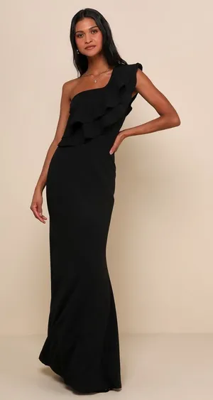 NWT Lulus Grand Beauty Black Ruffled One-Shoulder Mermaid Maxi Dress Goth Size L thumbnail 1