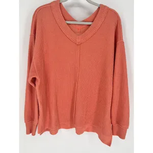AERIE Wonder Textured V-Neck Sweatshirt Women Small Peach Waffle‎ Knit Oversized thumbnail 3