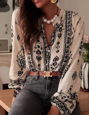 Atzbranding Boho Floral Long Sleeve Blouse in Cream thumbnail 1