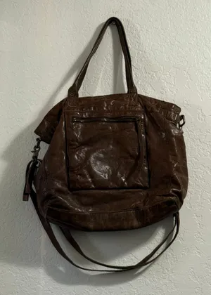 Vintage FRYE brown crinkled leather tote bag with shoulder strap 16x12 thumbnail 1