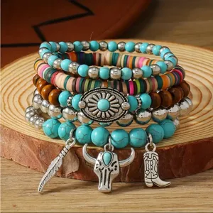 Western Lovely Vibrant Turquoise Stone Beaded Stretch Bracelet Elegant Stackable Brown thumbnail 2