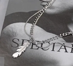Titanium Steel Layered Feather Pendant Necklace for Men Women,Feather Necklace,Punk Hip Hop Necklace thumbnail 2