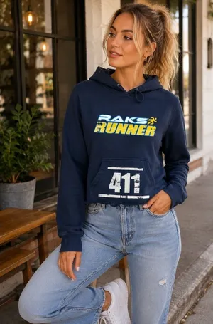 RAKS Runner Cropped Hoodie Women's Medium‎ Blue Raw Hem Graphic Sweatshirt thumbnail 1