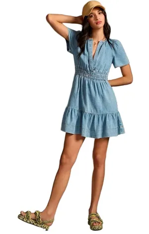 Anthropologie The Somerset Mini Dress Denim Edition Smock Waist Tiered Hem XXS thumbnail 1