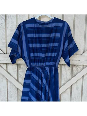 Vintage 70s 80s Short Sleeve Modest Dress Stripes cottagecore granny thumbnail 3