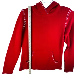 Ann Taylor LOFT Hoodie Sweater Knit Pullover‎ Red White Stitch Small Cottagecore thumbnail 6