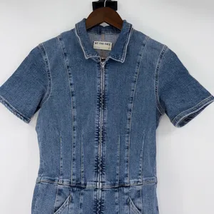 FP We The Free Jayde Flare Denim Jumpsuit Blue Zip Front Retro Romper Size L thumbnail 5