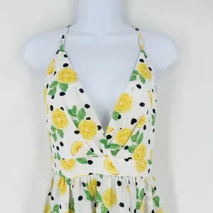 Womens Lemon Print Maxi Dress Halter Neck Size S Slit White‎ Yellow Fun Party thumbnail 3
